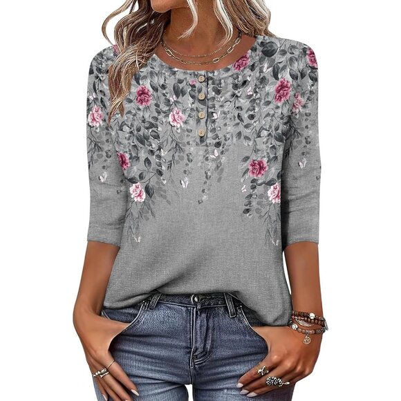 Tops - Women’s 3/4 Sleeve Crew Neck Blouse Casual Summer Work Top